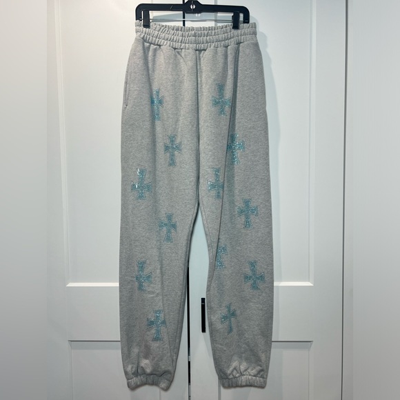 Unknown Men's Gray Rhinestone Cross Cotton sweatpants - Picture 6 of 7
